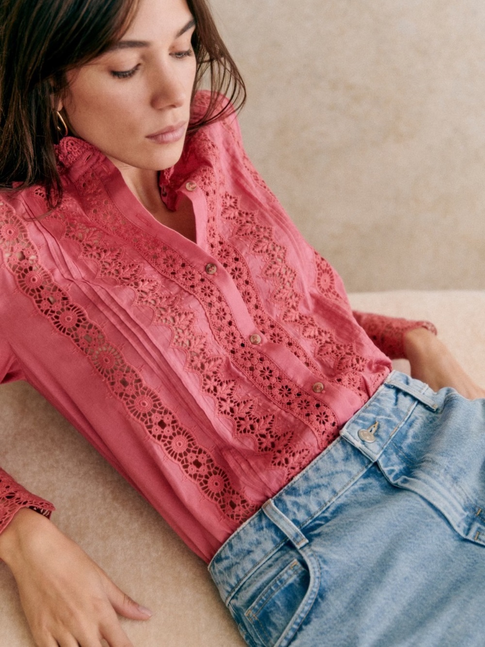 Sezane Rose Pink Lace Pintuck Blouse - Picture 7 of 10